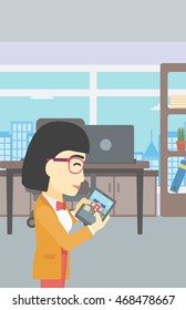 An asian woman looking at house on a digital tablet screen. Young woman standing in office and looking for house on tablet computer. Vector flat design illustration. Vertical layout.