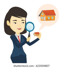 Asian woman looking for a new house in real estate market. Woman using a magnifying glass for seeking a new house in real estate market. Vector flat design illustration isolated on white background.