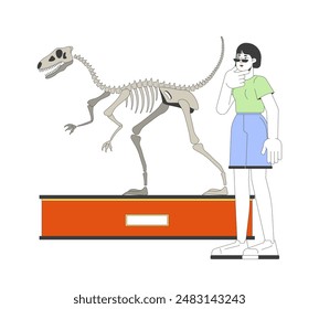 Asiatische Frau, die Velociraptor-Fossil betrachtet, zeigt 2D-lineare Comic-Figur. Koreanische weibliche isolierte Linie Vektorgrafik Person weiß Hintergrund. Naturkundemuseum Tour Farbe flache Stelle Illustration