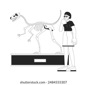 Asian woman looking at velociraptor fossil exhibit black and white 2D line cartoon character. Korean female isolated vector outline person. Prehistoric museum tour monochromatic flat spot illustration