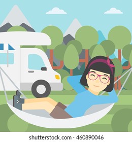 An asian woman lying in hammock in front of motor home in the forest. Woman resting in hammock and enjoying vacation in camper van. Vector flat design illustration. Square layout.