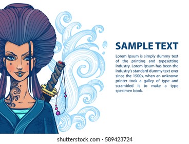 Asian woman with magnificent hair in a blue kimono. Beautiful template for posters or leaflets with a girl samurai.