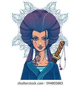 Asian woman with magnificent hair in a blue kimono. Girl samurai.