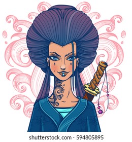Asian woman with magnificent hair in a blue kimono. Girl samurai.