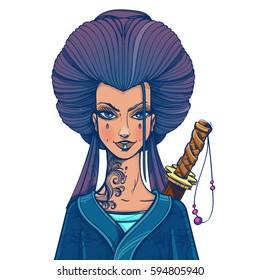 Asian woman with magnificent hair in a blue kimono. Girl samurai.
