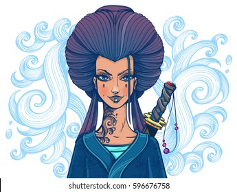 Asian woman with magnificent hair in a blue kimono. Girl samurai.
