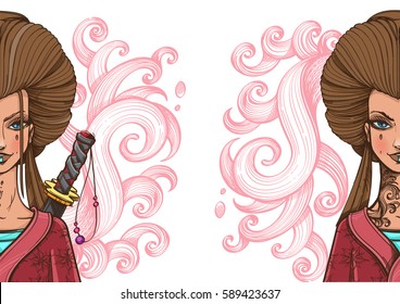 Asian woman with magnificent hair in a red kimono. Beautiful template for posters or leaflets with a girl samurai.
