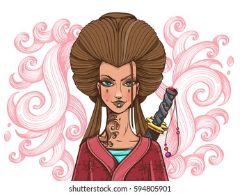Asian woman with magnificent hair in a red kimono. Girl samurai.