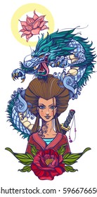 Asian woman with magnificent hair in a red kimono. Girl samurai.