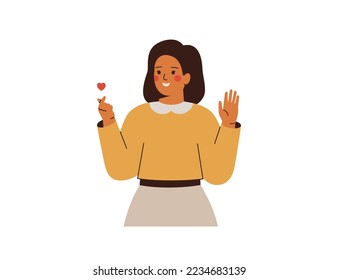 Asian woman makes finger mini heart gesture. Korean girl crossed index and thumb fingers with love and respect. Female person say hello with hands. Vector illustration