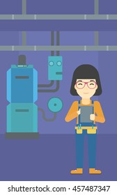 Mujer asiática haciendo algunas notas en su tablet sobre el fondo de una habitación de caldera doméstica con sistema de calefacción y pipas vectorial ilustración de diseño plano. Diseño vertical.