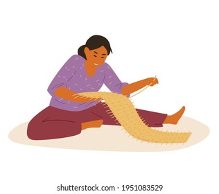 Asian Woman Making Wicker Mat. Artisan Working. Flat Vector Illustration. Isolated On White.