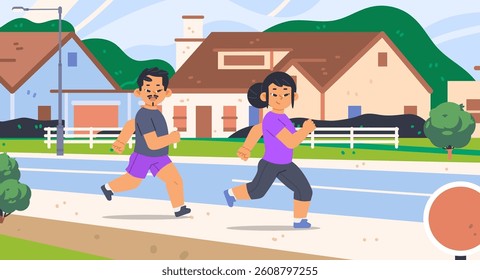 Asian woman and man jogging at suburban country street. Endurance training flat vector illustration
