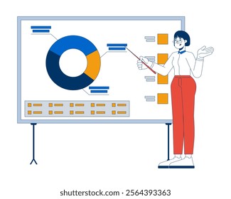 Asian woman manager pointing on pie chart presentation board 2D cartoon character. Female analyst piechart whiteboard isolated person flat vector on white background. Spot illustration colorful