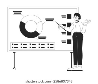 Asian woman manager pointing on pie chart presentation board black and white 2D line character. Female analyst piechart whiteboard isolated vector outline person. Monochromatic spot illustration