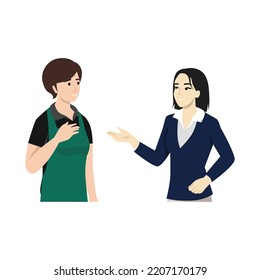 Asian woman manager talk to kitchen worker communication. People conversation. Flat vector illustration isolated on white background