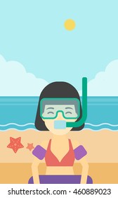An asian woman in mask, tube and rubber ring standing on the background of beach and sea. Woman wearing snorkeling equipment on the beach. Vector flat design illustration. Vertical layout.