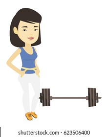Asian woman measuring waistline with tape. Woman measuring with tape a waistline. Woman with centimeter on waistline standing near barbell. Vector flat design illustration isolated on white background
