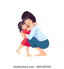 Asian Woman Mother And Child. Mom Hugging Her Daughter With A Lot Of Love And Tenderness. Mother's Day, Holiday Concept. Cartoon Flat Isolated Vector Design.