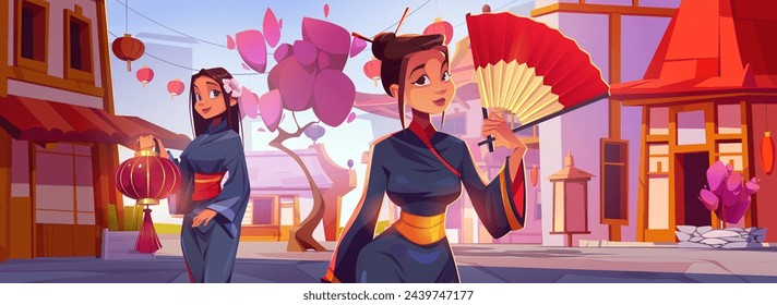 Asian woman near building on China street vector. Lantern festival tradition scenery in town. Traditional architecture, orient costume, fold fan and antique district in village cartoon landscape.