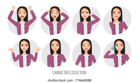 Asian Woman in office suit. Set of emotions and gestures to the young asian woman.