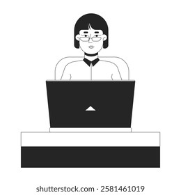 Asian woman office worker glasses typing laptop at desk black and white 2D line character. Korean female employee working notebook isolated vector outline person. Monochromatic spot illustration