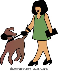 Asian woman in olive green short dress with red lips on heels walking her brown dog vector drawing isolated