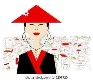 Asian woman on city background for your design
