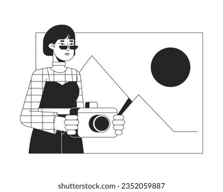 Asian woman photographer bw concept vector spot illustration. Freelancer in photo studio 2D cartoon flat line monochromatic character for web UI design. Editable isolated outline hero image