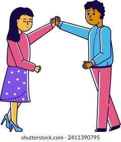 Asian woman in pink dress and African American man in blue jacket giving high five. Team success and partnership concept vector illustration.