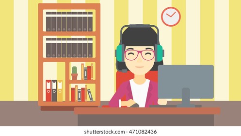 Mujer asiática jugando a juegos de computadora en el fondo de la sala de estar. Jugador con audífonos jugando juegos en línea. Jugador que usa el ordenador para jugar. Ilustración de diseño plana vectorial. Diseño horizontal.