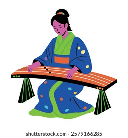 An asian woman playing koto player, flat illustration