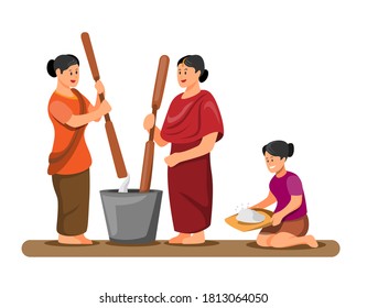 Asian woman pounding and cleaning rice traditional activity in village concept in cartoon illustration vector isolated in white background