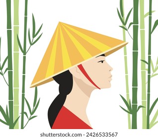 Asian woman profile portrait. Wearing traditional style hat. Green bamboo plants grove on the background. Isolated. Asian travel destinations and tourism design.