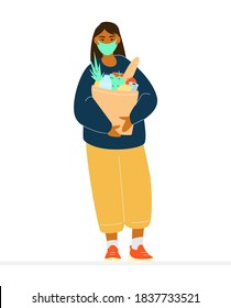 Asian Woman In Protective Face Mask Holding Paper Bag Full Of Groceries. New Normal. Flat Vector Illustration. Isolated On White.