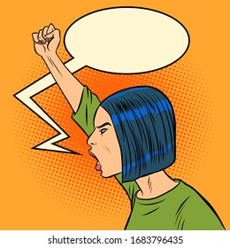 Asian woman protest. Comics caricature pop art retro illustration drawing