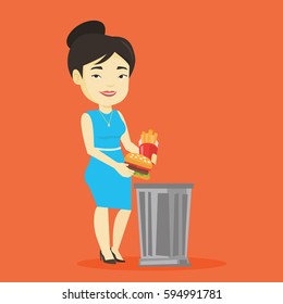 Asian woman putting junk food into a trash bin. Adult woman refusing to eat junk food. Woman rejecting junk food. Woman throwing junk food. Diet concept. Vector flat design illustration. Square layout
