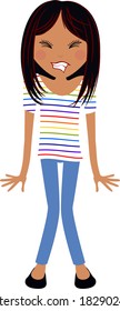 Asian woman in rainbow t shirt cringing as if being bullied or in argument. Clear backed vector graphic illustration. 