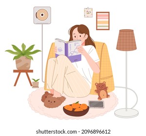 Una mujer asiática está leyendo un libro en su acogedora habitación. Leyendo ilustración vectorial de caracteres.