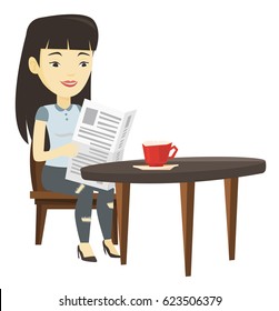 Asian woman reading newspaper in a cafe. Woman reading the news in newspaper. Woman sitting with newspaper in hands and drinking coffee. Vector flat design illustration isolated on white background.