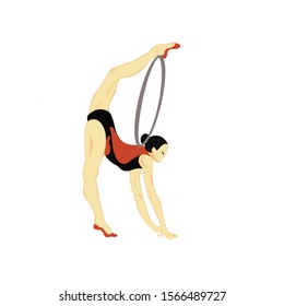 Asian woman in red and black sports swimsuit doing gymnastic exercises with a Hoop. Vector illustration