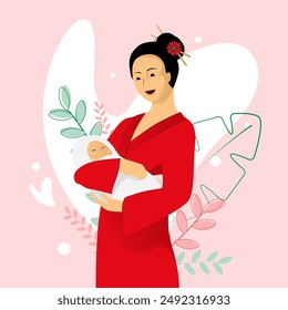 Asian woman in red kimono is holding a baby with tenderness on pink floral background