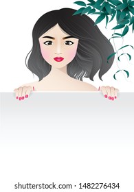 Asian woman with red lips and nails cartoon character behind white frame decorated with leaves on white background. Vector illustration.