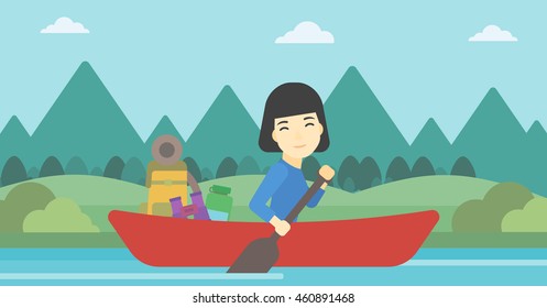 An asian woman riding in a kayak on the river with a skull in hands and some tourist equipment behind her. Woman traveling by kayak. Vector flat design illustration. Horizontal layout.