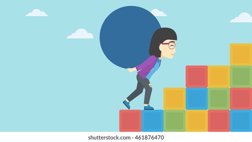 An asian woman rising up on the colored cubes and carrying a big stone on her back. Woman with huge concrete ball going up. Vector flat design illustration. Horizontal layout.