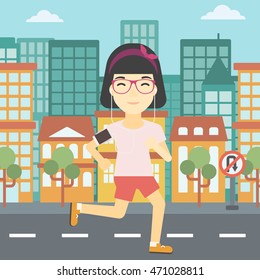 An asian woman running with earphones and armband for smartphone. Woman listening to music during running. Woman running in the city. Vector flat design illustration. Square layout.