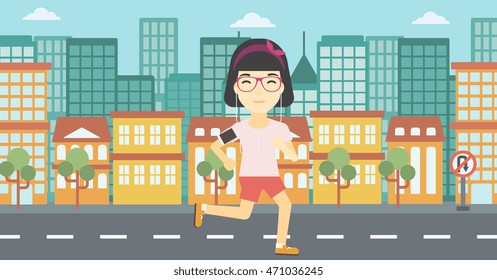 An asian woman running with earphones and armband for smartphone. Woman listening to music during running. Woman running in the city. Vector flat design illustration. Horizontal layout.