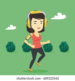 Asian woman running with earphones and armband for smartphone. Young woman using armband for smartphone to listen to music while running in the park. Vector flat design illustration. Square layout.