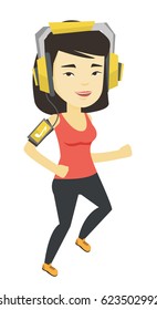 Asian woman running with earphones and armband for smartphone. Young woman using armband for smartphone to listen to music while running. Vector flat design illustration isolated on white background.