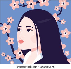 Asian Woman with sakura flowers behind. Japanese Female face. Beautiful Girl vector illustration